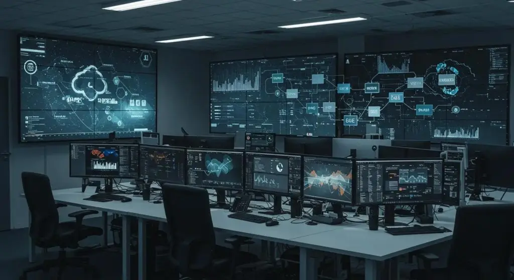 a high-tech office workspace showcases multiple large screens displaying dynamic data flow visuals and security alerts, emphasizing the urgency of combating data breaches in cloud systems.