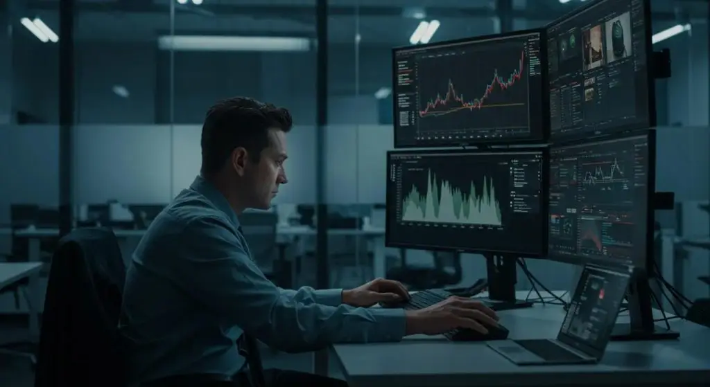 a sleek, modern office setting features a focused it professional analyzing multiple screens displaying critical security metrics and alerts, casting a stark contrast against a backdrop of polished steel and glass.