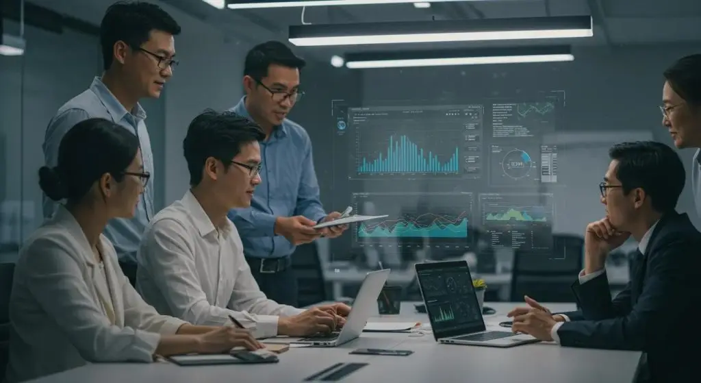 a sleek, modern office setting showcases a diverse group of professionals engaged in a dynamic discussion around a digital dashboard displaying cloud identity management metrics, illuminated by strategic lighting that emphasizes their focused expressions and the high-tech environment.