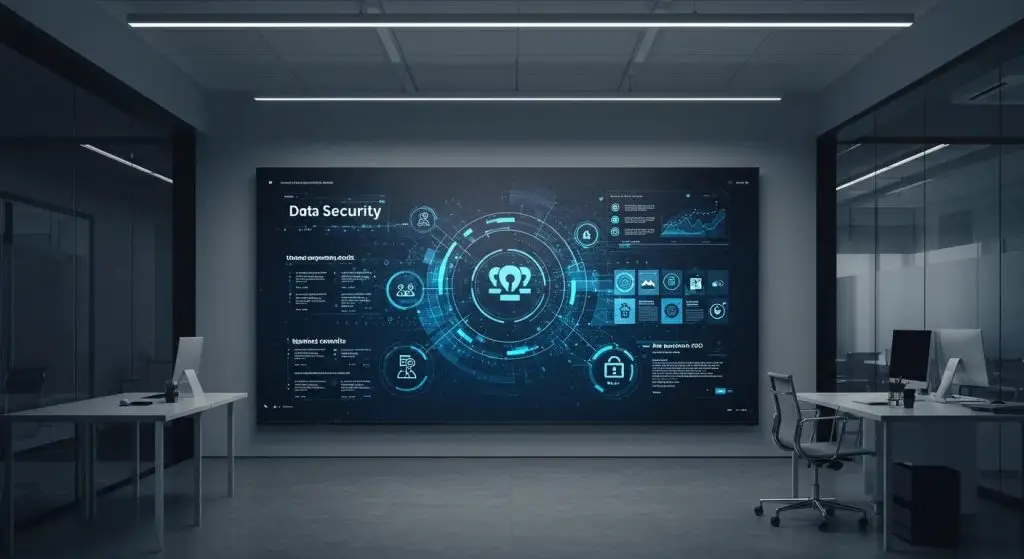 a sleek, modern office space with a large digital screen displaying a vibrant infographic on data security strategies, illuminated by focused overhead lighting that highlights the urgency and importance of safeguarding information.