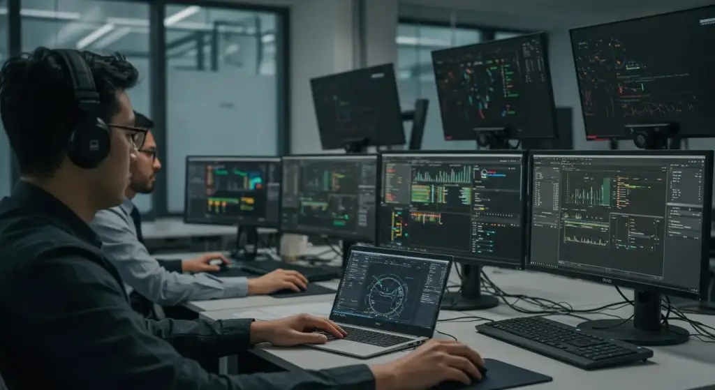 an intense training session unfolds in a modern office equipped with high-tech monitors displaying cybersecurity protocols, where focused professionals engage in realistic simulations of incident responses amidst a backdrop of critical data analysis.