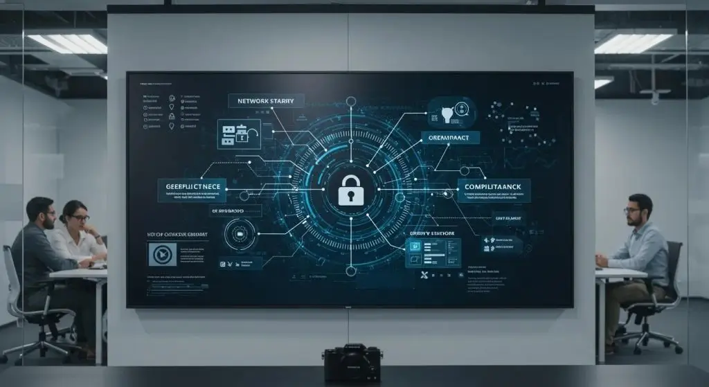 a sleek, modern office space features a large digital screen displaying a dynamic roadmap graphic illustrating key stages of network security compliance alongside strategically placed compliance-related documents and engaging team discussions.