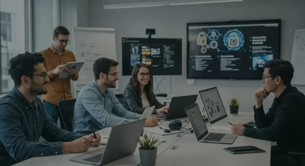 a dynamic office environment features a diverse group of engaged employees participating in a vibrant security awareness training session, with digital presentations highlighting cybersecurity threats in the background, underscoring the critical importance of knowledge and collaboration in preventing data breaches.