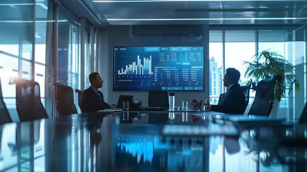a modern office conference room features a sleek presentation screen displaying intricate charts and graphs, symbolizing the competitive landscape of australia's top cyber security pricing models, with professionals engaged in discussion around a polished glass table.