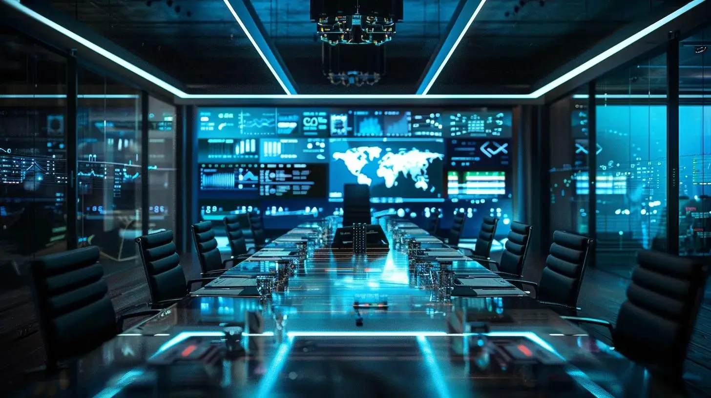 a modern office space features a sleek conference table adorned with digital screens displaying cyber security budgets and graphs, illuminated by focused led lighting, conveying a professional atmosphere of strategic planning for australian businesses.
