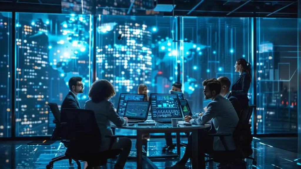 a dynamic office setting showcases a diverse team of cyber security professionals engaged in a collaborative brainstorming session, surrounded by digital screens displaying data analytics and innovative research findings, emphasizing the importance of ongoing development and thought leadership in the industry.