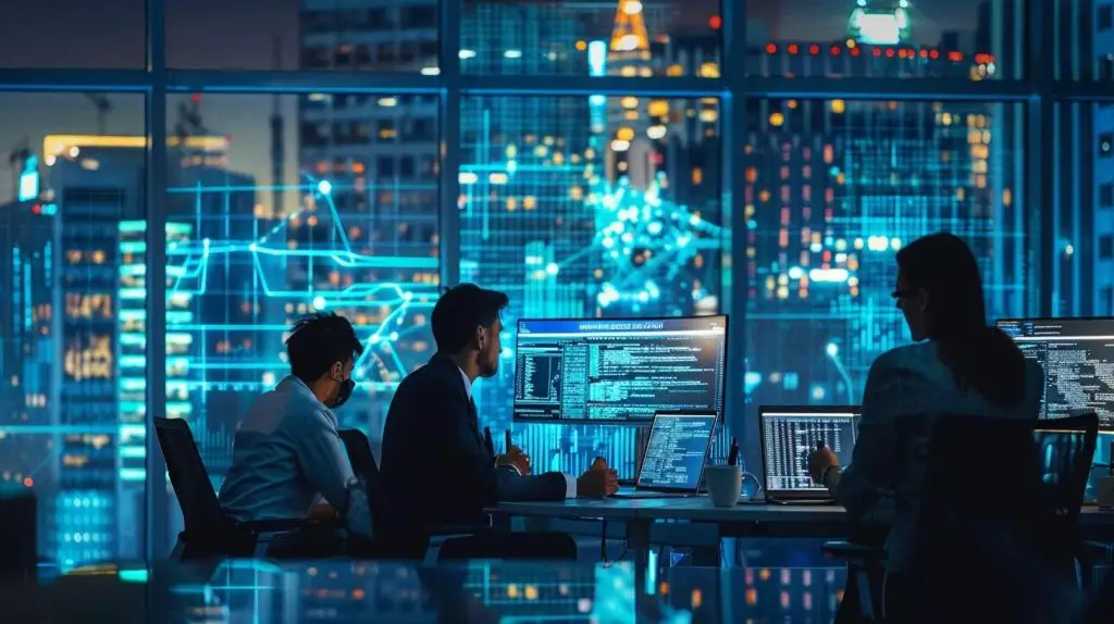 a dynamic urban office scene showcases a diverse team of cybersecurity professionals collaborating over high-tech monitors, illuminated by the glow of digital data visualizations, highlighting australia’s innovative strategies in global cyber security.