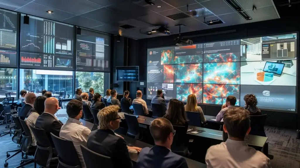 a dynamic urban office setting showcases a diverse group of professionals engaged in a collaborative cyber security training session, illuminated by sleek technology and vibrant digital displays that emphasize the importance of building a skilled workforce for australia's future.