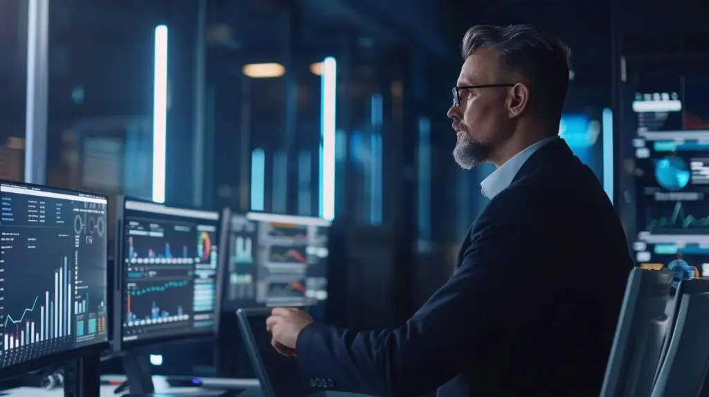 a focused business professional in a sleek, modern office examines a digital display showcasing advanced cyber security metrics and strategies, highlighting the importance of selecting a knowledgeable partner in safeguarding digital assets.