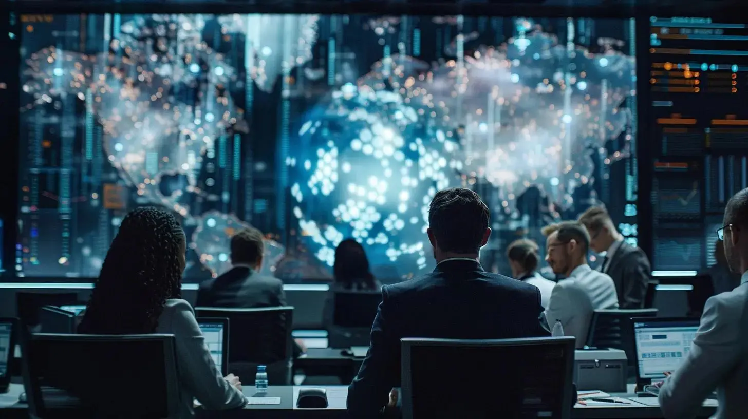 a high-tech office environment showcases a team of professionals engaged in a strategic discussion about cyber security, highlighted by dynamic visual displays of network maps and data analytics on sleek monitors.