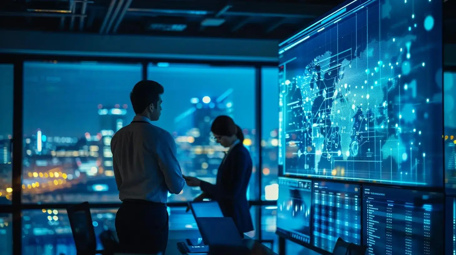 a high-tech office scene featuring professionals examining a large digital dashboard displaying transparent cyber security pricing models, emphasizing strategic investments and compliance amidst an evolving threat landscape.