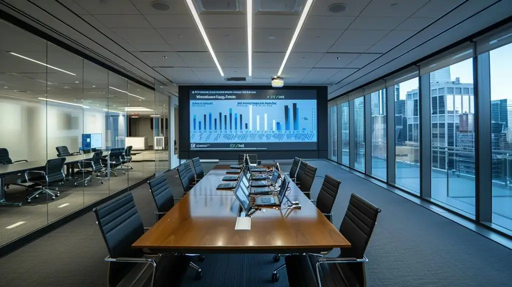 a modern office boardroom with sleek furniture, featuring a large digital screen displaying a visually engaging graph of cyber security investments versus potential breach costs, illuminated by bright overhead lights to highlight the serious discussion taking place.