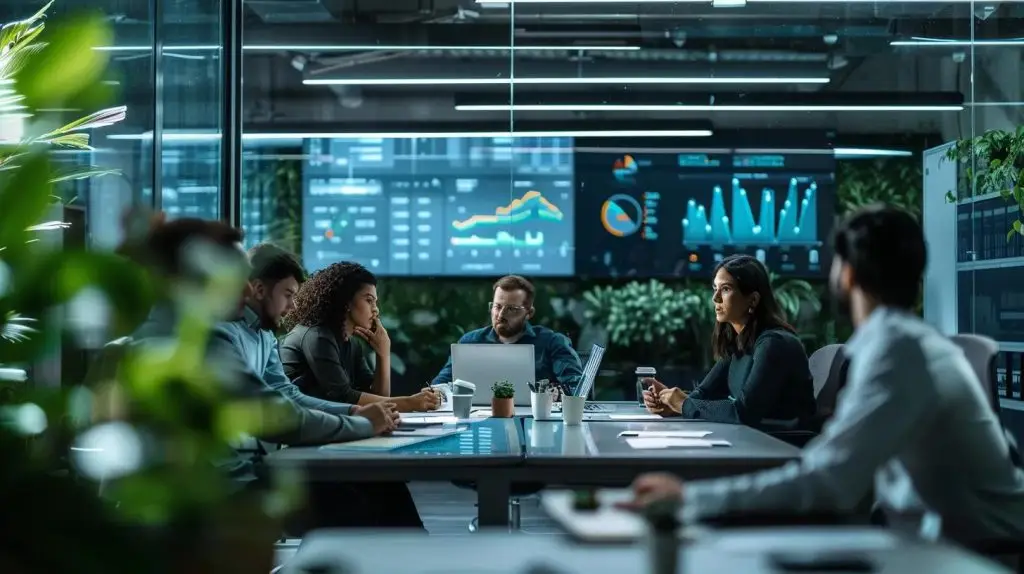 a modern office environment featuring a diverse team gathered around a sleek conference table, intensely discussing strategies for enhancing cybersecurity measures to protect australian businesses, with digital data visualization screens in the background.