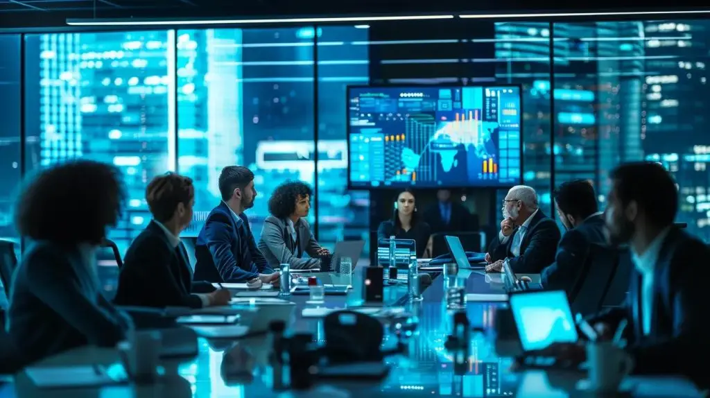 a modern office environment featuring a diverse group of professionals engaged in a dynamic discussion around a sleek conference table adorned with digital devices, emphasizing the strategic evaluation of cyber security services and their impact on pricing in australia.