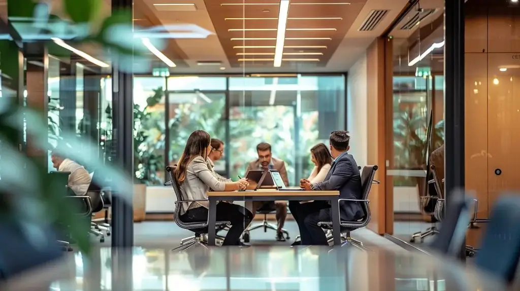 a modern office environment featuring a sleek conference table surrounded by diverse professionals engaged in a dynamic discussion about cutting-edge cyber security solutions tailored for small businesses in australia.