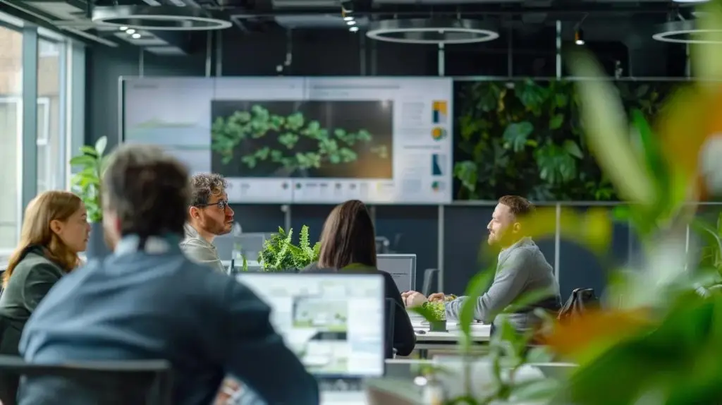 a modern, sleek office environment features a diverse group of professionals engaged in a strategic discussion, with a prominent digital display showcasing australia’s top-rated cybersecurity solutions for small businesses.