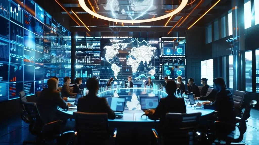 a modern, sleek office space features a large round table surrounded by professionals engaged in a strategic discussion about cybersecurity solutions, with digital screens displaying graphs and icons representing data protection and risk assessment.
