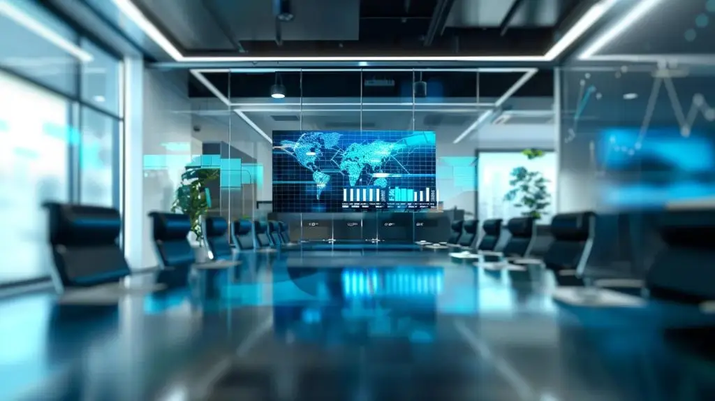 a sharply detailed conference room setting showcases a digital screen displaying a complex financial breakdown of cyber security service contracts, emphasizing the nuances of potential extra costs in a sleek, modern office environment.