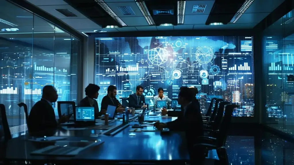 a sleek, high-tech office environment showcases a diverse group of professionals engaged in a dynamic discussion about cyber security compliance, with digital displays illustrating regulatory standards in the background.