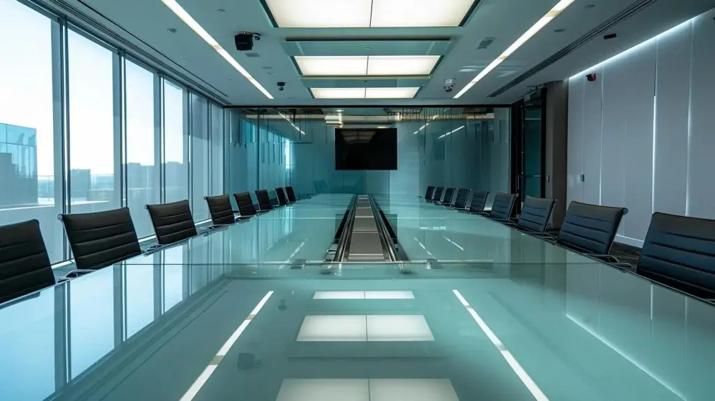 a sleek modern conference room, featuring a polished glass table set with advanced technology, where professionals engage in a dynamic consultation, emphasizing interaction and strategic discussion.