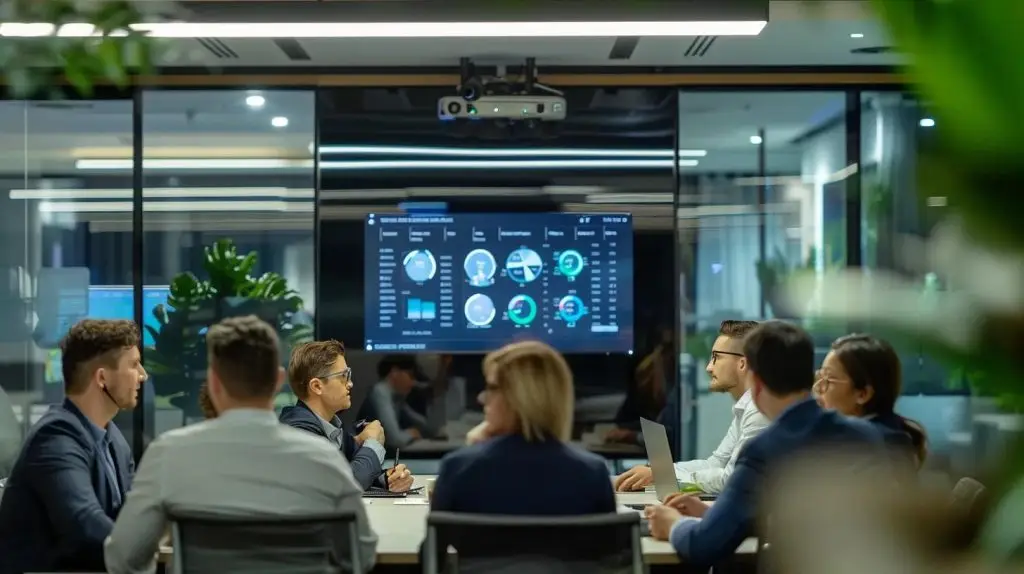 a sleek, modern office conference room dominates the scene, featuring a large digital screen displaying a cybersecurity dashboard, while a diverse group of professionals engage in an animated discussion, reflecting the urgent and dynamic nature of protecting small businesses in australia.