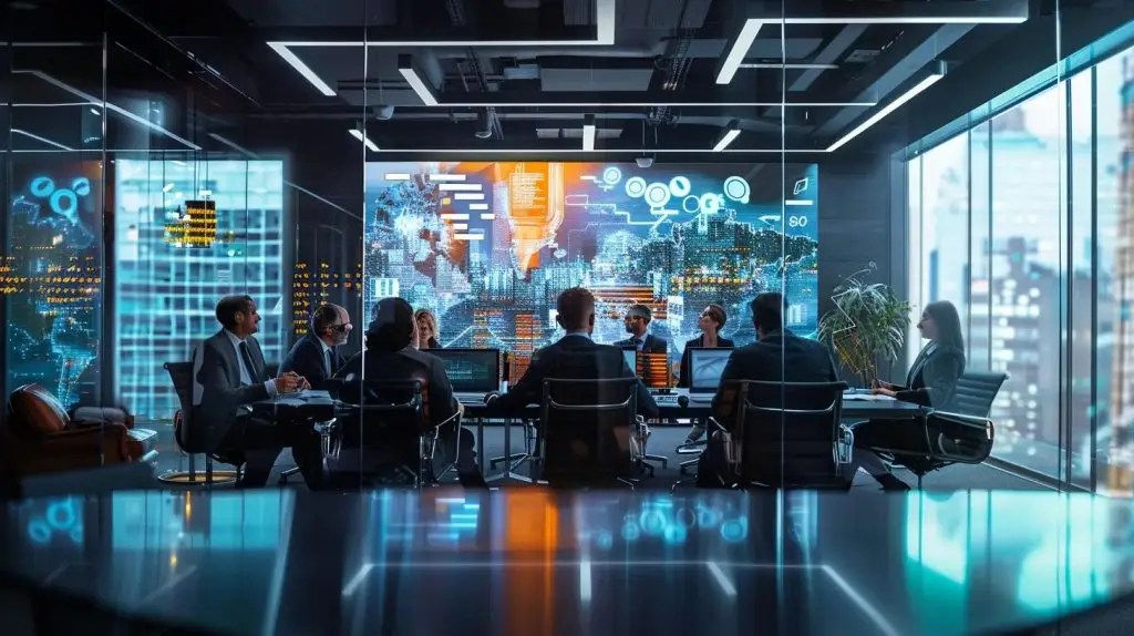 a sleek, modern office conference room filled with focused professionals engaged in a strategic discussion, with digital security graphics projected on a large screen highlighting key considerations for selecting a cyber security partner.
