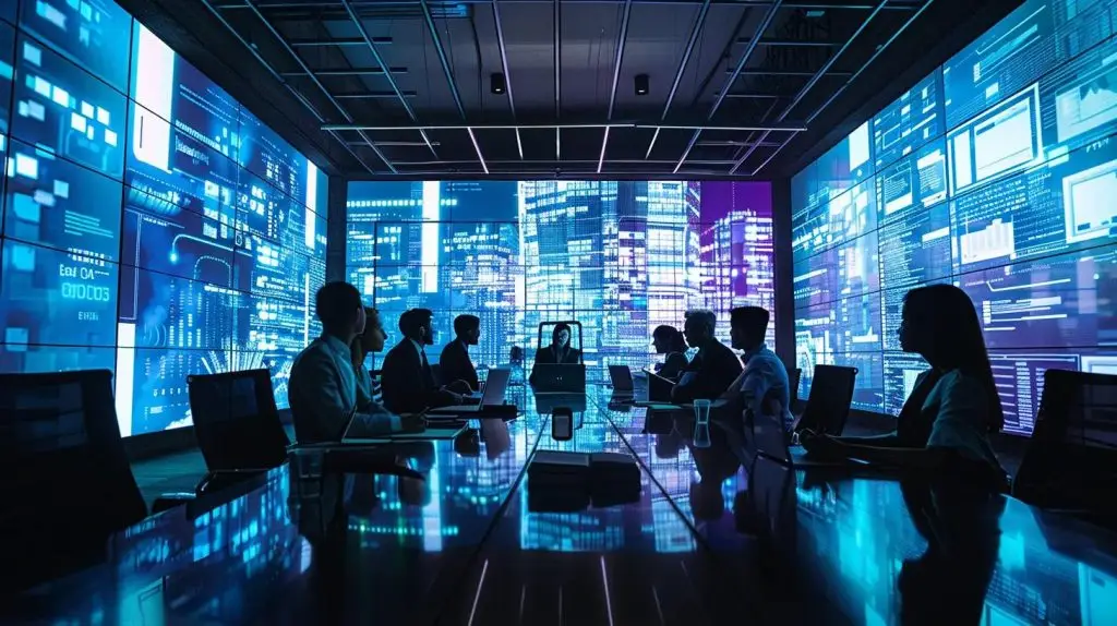 a sleek, modern office conference room filled with diverse business professionals engaged in a strategic meeting, surrounded by digital screens displaying cybersecurity budgets and risk assessments in vibrant colors.