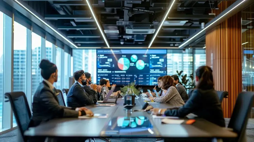 a sleek, modern office conference room is filled with professionals engaged in a dynamic discussion, showcasing digital screens displaying cybersecurity data analytics, emphasizing the importance of service quality over mere cost in australian cybersecurity provider offerings.