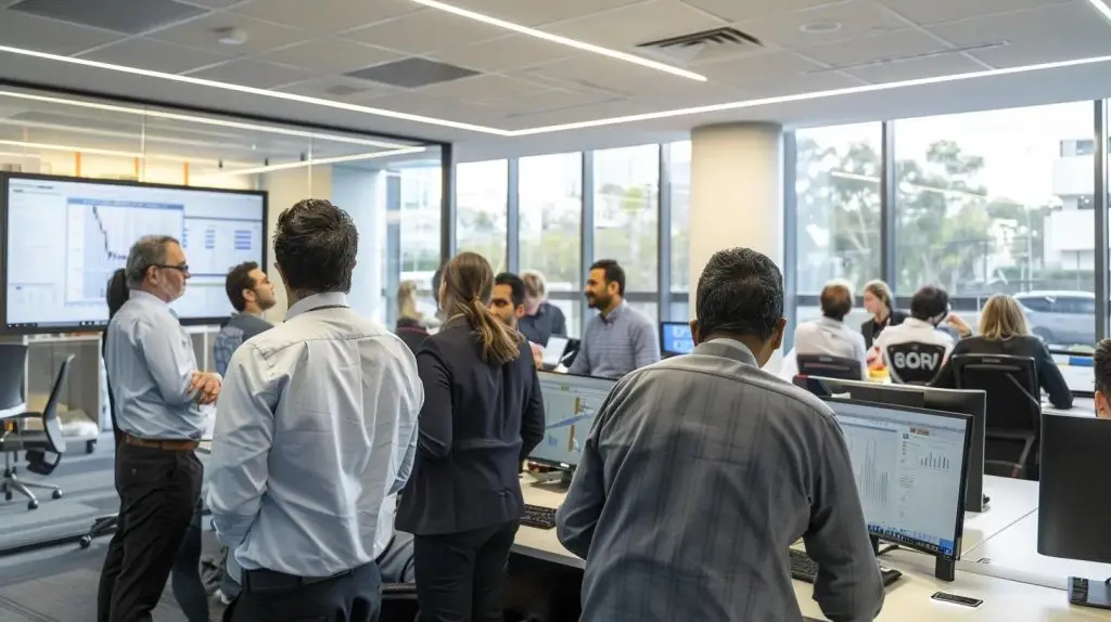 a sleek, modern office environment is filled with diverse professionals engaged in a dynamic discussion around a digital display, illuminating various cybersecurity risks and strategies tailored for australian firms.