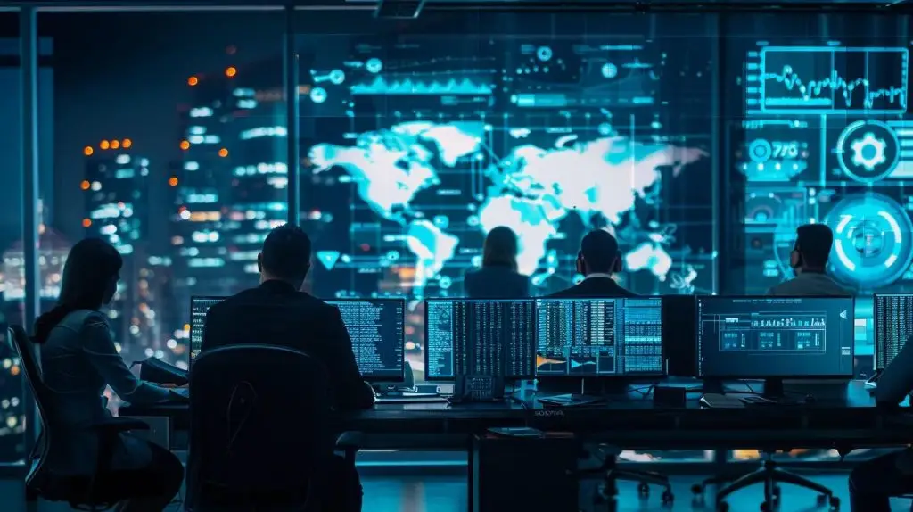 a sleek, modern office environment showcases a diverse team of cybersecurity professionals engaged in a high-tech strategy session, surrounded by glowing screens filled with data analytics and digital security graphics.