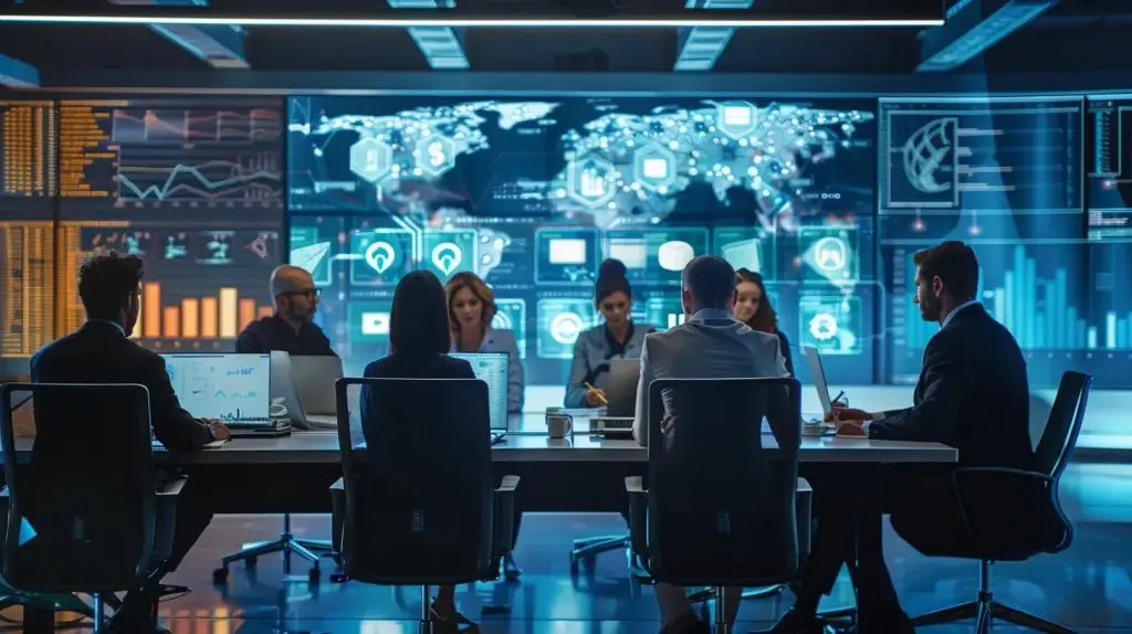 a sleek, modern office environment showcases a diverse team of cyber security experts engaged in a dynamic brainstorming session around a high-tech conference table, with digital screens displaying complex data visualizations and security analytics.