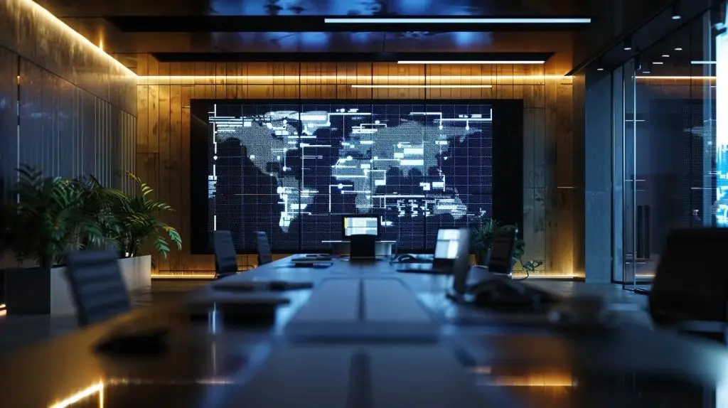a sleek, modern office environment is illuminated by dim, dramatic lighting, showcasing a large screen displaying a detailed cybersecurity threat matrix, highlighting elements like phishing scams and malware, emphasizing the urgency and complexity of cybersecurity challenges faced by australian businesses.