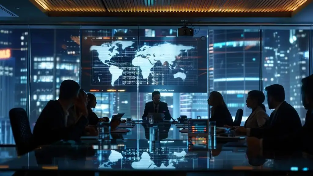 a sleek, modern office environment showcases a diverse team of professionals engaged in a focused meeting, illuminated by futuristic screens displaying cyber security analytics, symbolizing australia’s commitment to protecting critical sectors in its digital landscape.