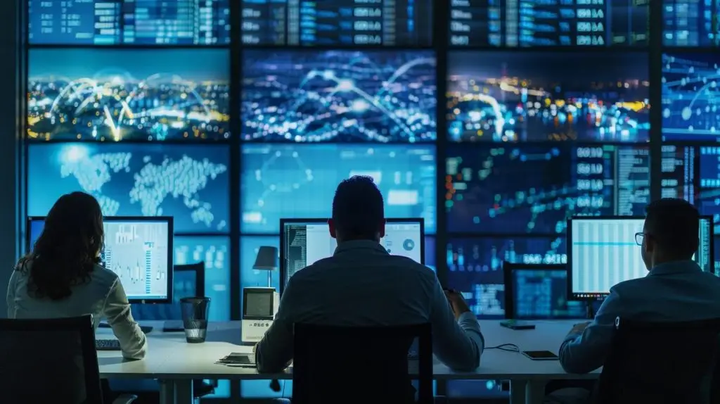 a sleek, modern office environment showcases a team of diverse cybersecurity professionals engaged in a strategic discussion, surrounded by multiple screens displaying complex data analytics and project successes, highlighting their expertise and collaborative approach.