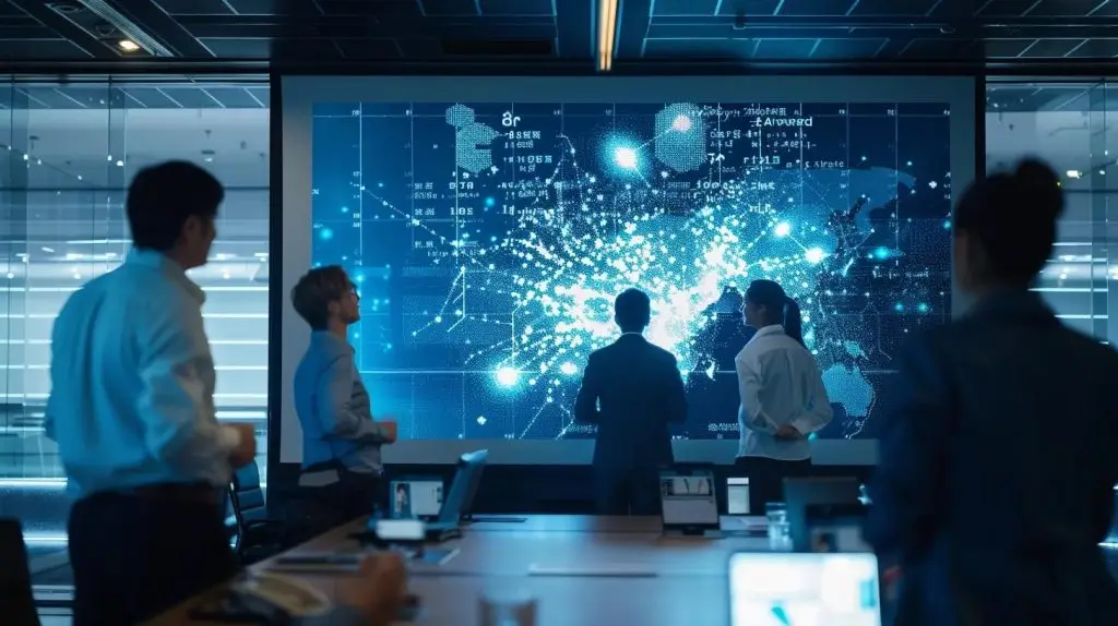 a sleek, modern office environment showcases professionals engaged in a dynamic discussion around a large digital screen displaying diverse cyber security pricing models, illuminated by ambient lighting that highlights the strategic importance of the topic.