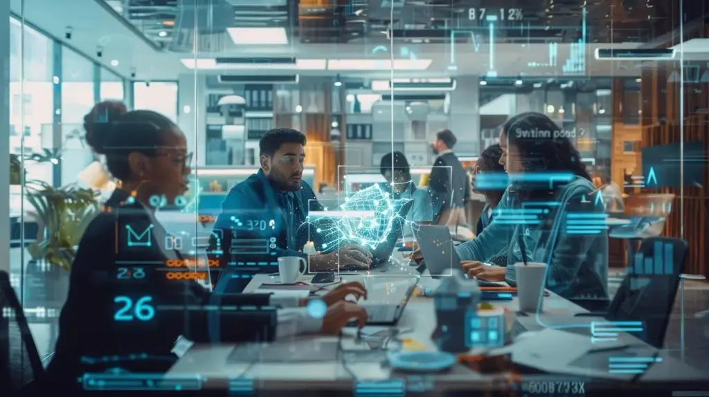 a sleek, modern office environment showcases a diverse team of cybersecurity professionals collaborating around digital interfaces, highlighting tailored solutions and cloud-based security measures designed specifically for small businesses.