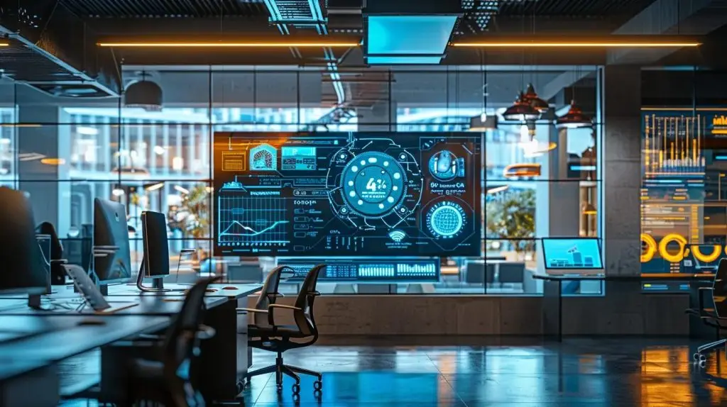 a sleek, modern office filled with advanced technology and digital screens displaying intricate cybersecurity data and ai innovations, representing australia's leading role in evolving cyber security against emerging threats.