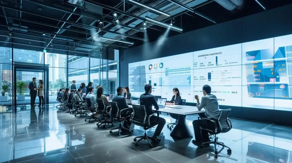a sleek, modern office filled with professionals engaged in a collaborative discussion over cybersecurity strategies, featuring large screens displaying data analytics and a backdrop of industry awards and certifications on the walls.