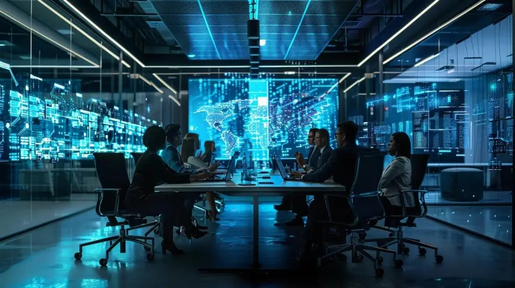 a sleek, modern office interior showcases a collaborative team meeting around a high-tech conference table, with digital displays illustrating complex cyber security metrics and data analysis.