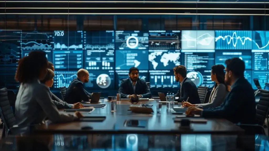 a sleek, modern office setting features a diverse group of professionals engaged in a strategic discussion around a large conference table, with digital screens displaying intricate cybersecurity analytics and cost structures, emphasizing the complexity and importance of cyber security solutions in australia.