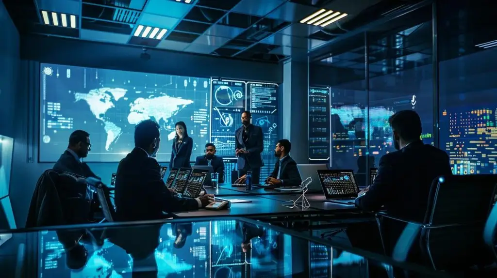 a sleek, modern office setting features a diverse group of cybersecurity professionals engaging in a dynamic discussion around a high-tech digital interface, illuminated by dramatic, focused lighting that emphasizes their determination to enhance digital safety.