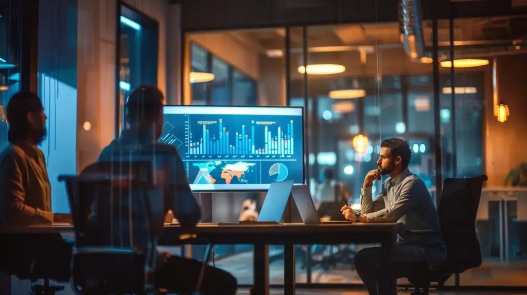 a sleek, modern office setting featuring a focused small business team engaged in an intense discussion around a digital whiteboard displaying cybersecurity statistics and strategies, illuminated by ambient lighting that highlights their determination and the urgency of addressing cyber threats.