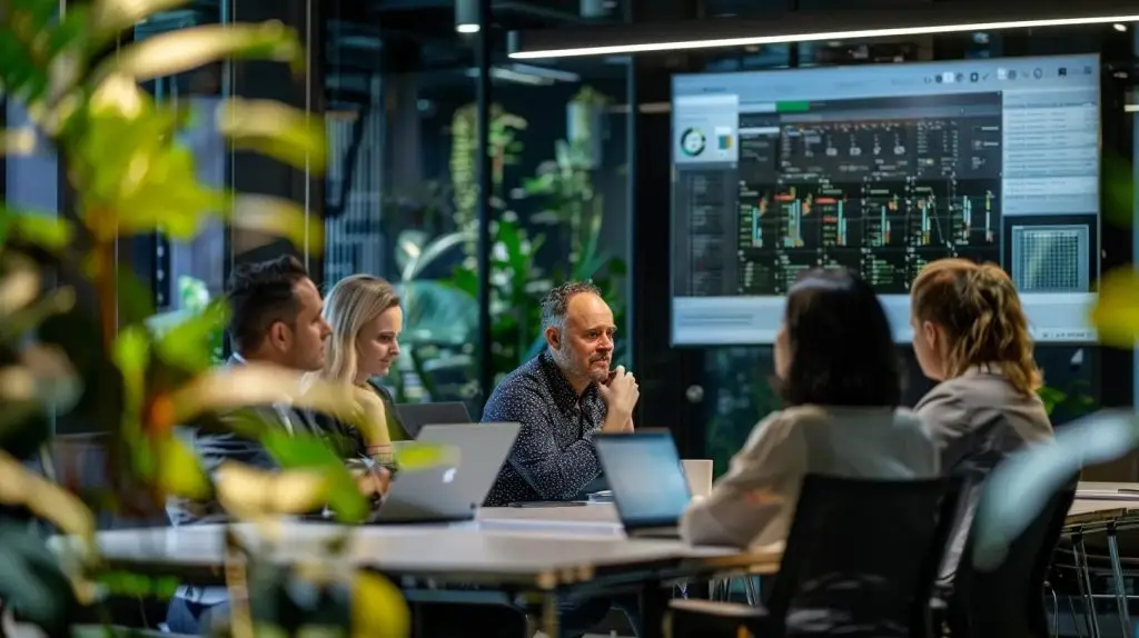 a sleek, modern office setting showcases a diverse team engaged in a dynamic discussion around a large digital screen displaying complex cybersecurity analytics, embodying the urgency and sophistication of adapting australia’s cyber security posture.
