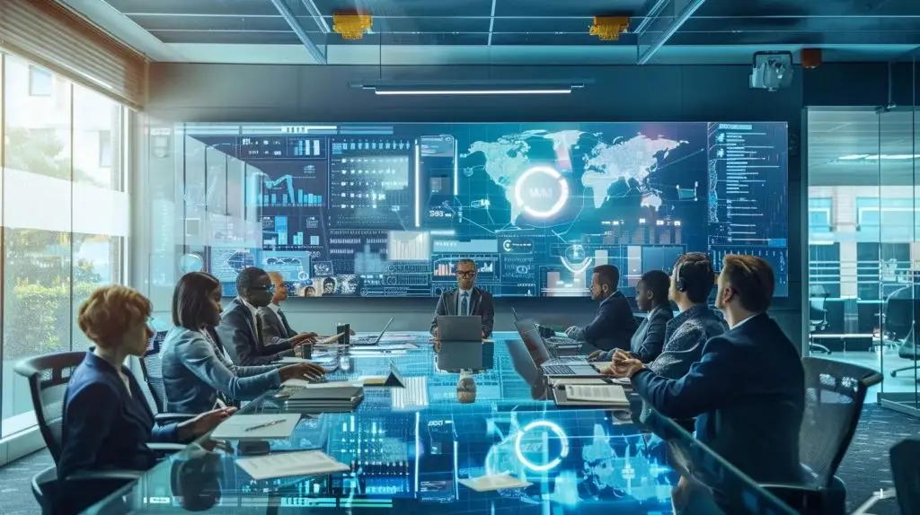 a sleek, modern office setting showcases a diverse group of professionals engaged in an animated discussion around a large conference table, with certification diplomas and high-tech cybersecurity visuals prominently displayed on a digital screen in the background.