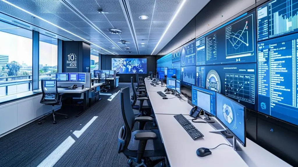 a sleek, modern office setting with advanced cyber security displays and digital data flowing across screens, illustrating the dynamic evolution of cyber security for australian small businesses amidst a backdrop of innovation.