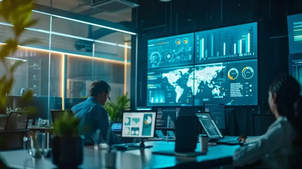 a sleek, modern office space features a large digital screen displaying a dynamic graph of cyber security pricing models, surrounded by engaged professionals analyzing data on tablets and laptops.
