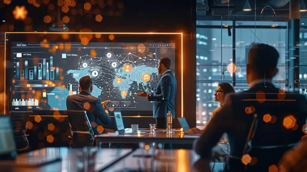 a sleek, modern office space featuring a diverse team of cybersecurity professionals engaged in a dynamic discussion around a digital interface displaying essential certifications and qualifications, illuminated by bright overhead lighting and accented by contemporary technology.