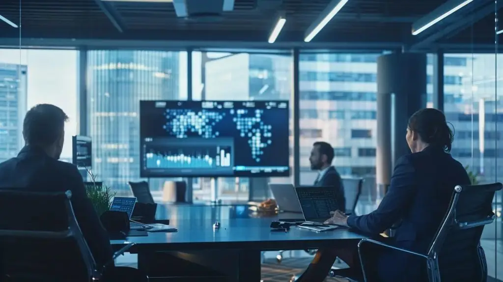 a sleek, modern office space filled with professionals engaged in a discussion around a high-tech monitor displaying cybersecurity metrics, symbolizing the strategic partnership between small businesses and top-rated cybersecurity companies in australia.