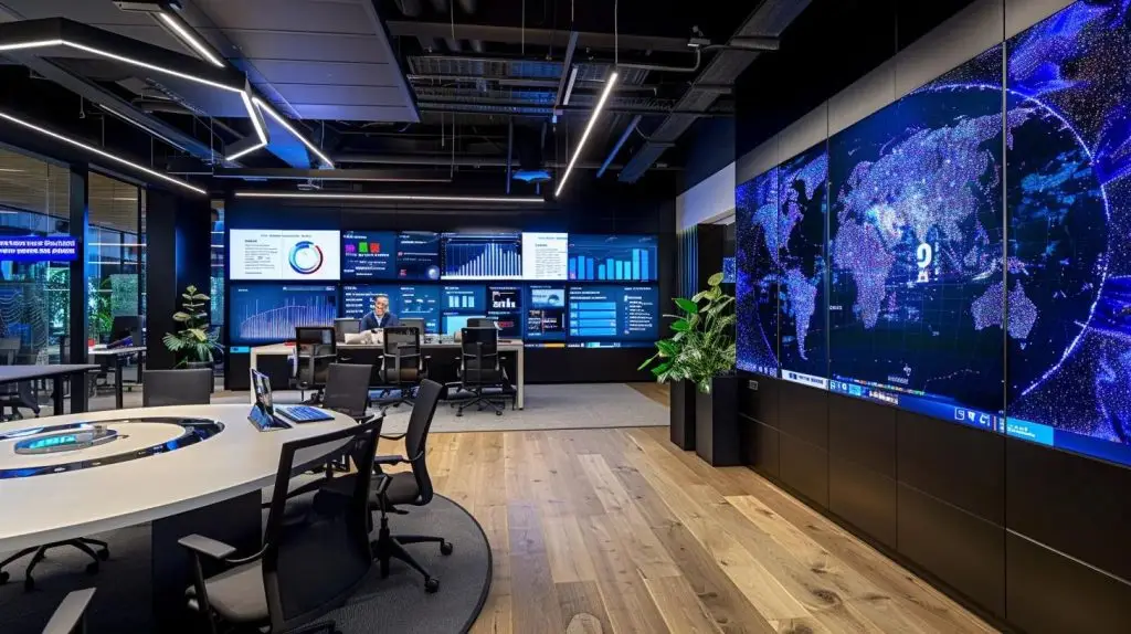 a sleek, modern office space showcases a dynamic roundtable discussion among cybersecurity experts, highlighted by futuristic screens displaying intricate data visualizations and a digital map of cyber threats, capturing the essence of australia's innovative approach to cybersecurity initiatives.