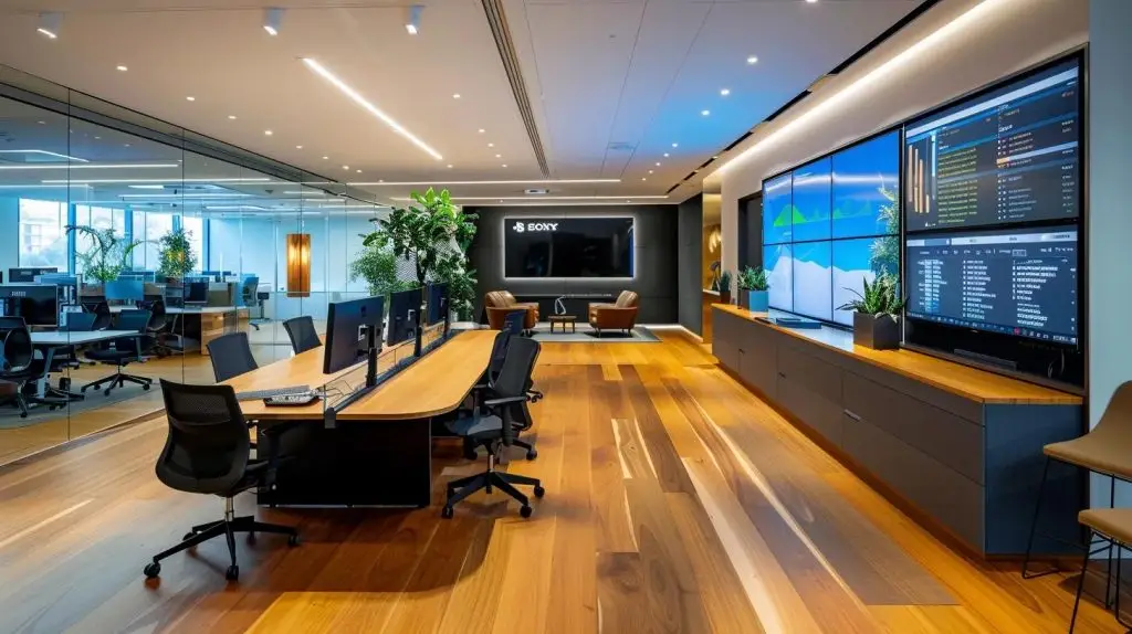 a sleek, modern office space with a large digital display showcasing cybersecurity pricing models, illuminated by focused led lights, reflects a high-tech atmosphere of australia’s top cybersecurity solutions providers.